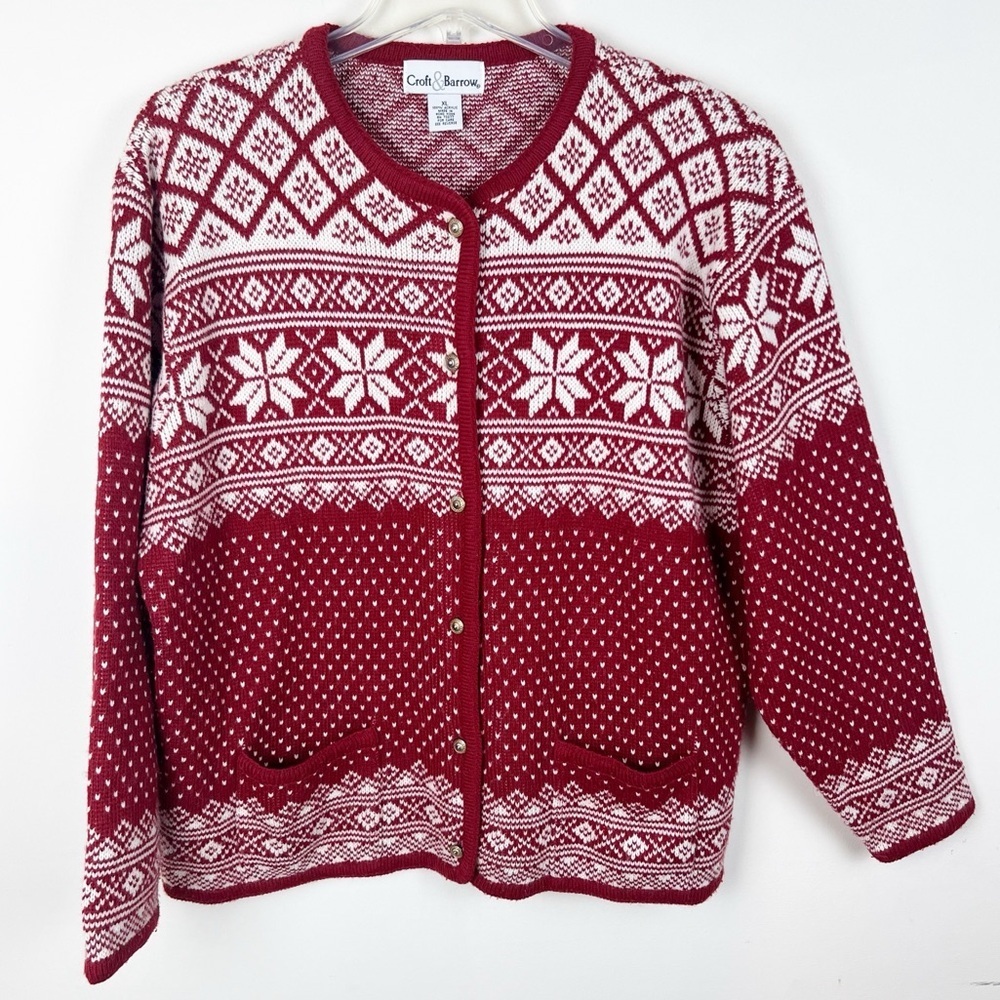 Vintage Fair Isle Cardigan XL Red White Holiday Ski Snowflake Granny Nordic